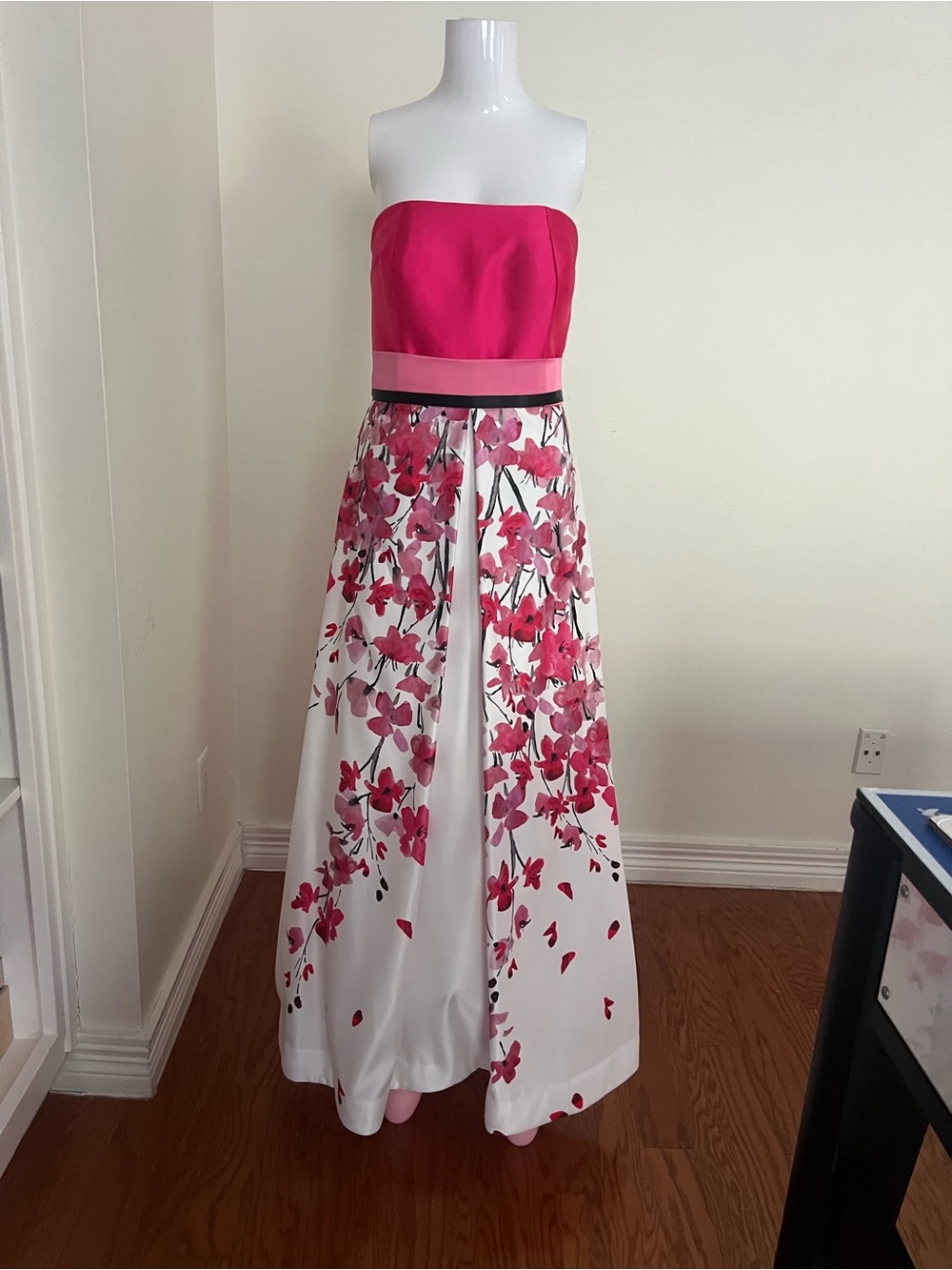 David Meister Strapless Fuchsia Bodice with Floral A-Line Skirt Gown